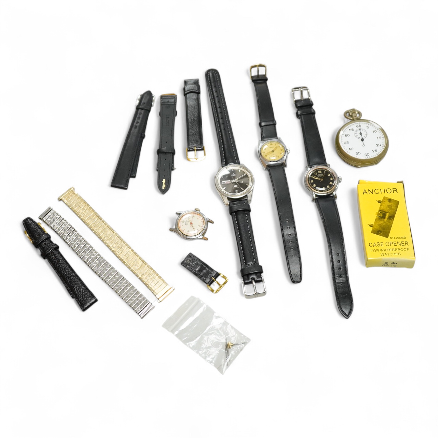 Four assorted wrist watches including two Roamer and a Seiko 5 automatic, a Military issue open faced stopwatch, a watch case opening tool, winding crown, two lug bars and five watch straps.